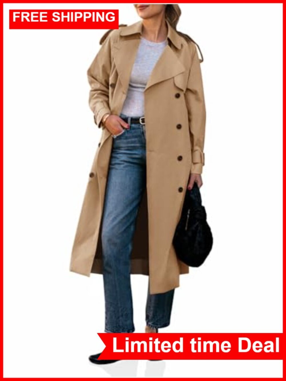 Womens Long Trench Coat Double Breasted Belted Waterproof Classic Overcoat